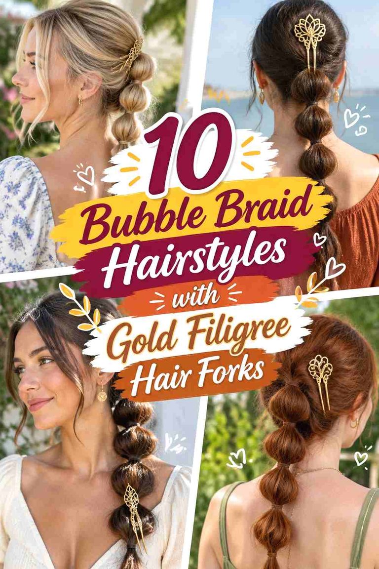 10 Bubble Braid Hairstyles with Gold Filigree Hair Forks