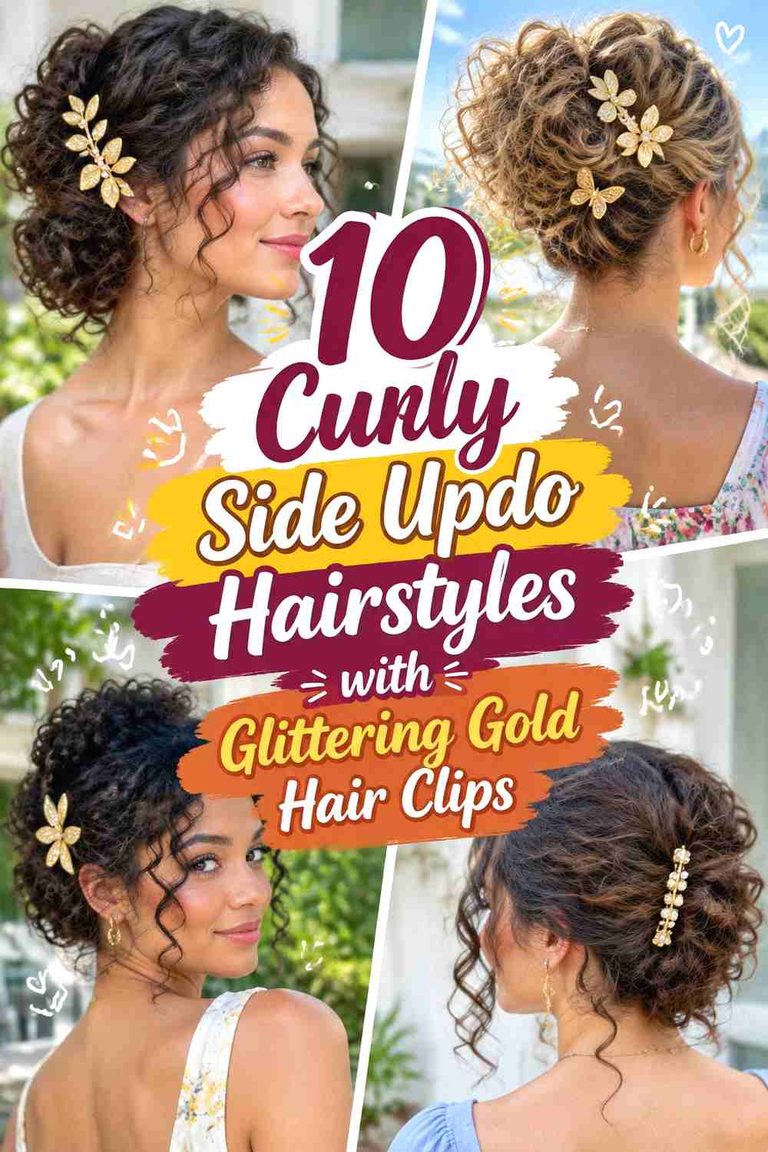 10 Curly Side Updo Hairstyles with Glittering Gold Hair Clips