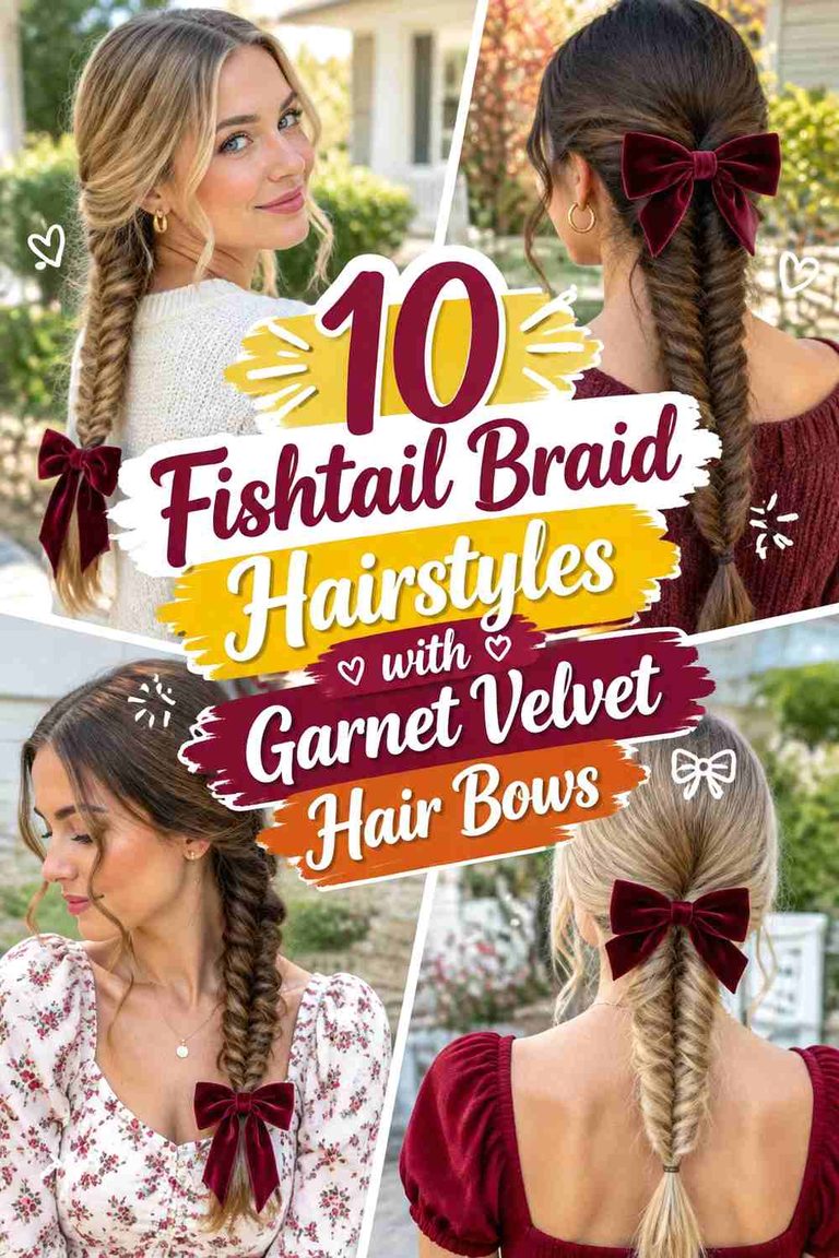 10 Fishtail Braid Hairstyles with Garnet Velvet Hair Bows