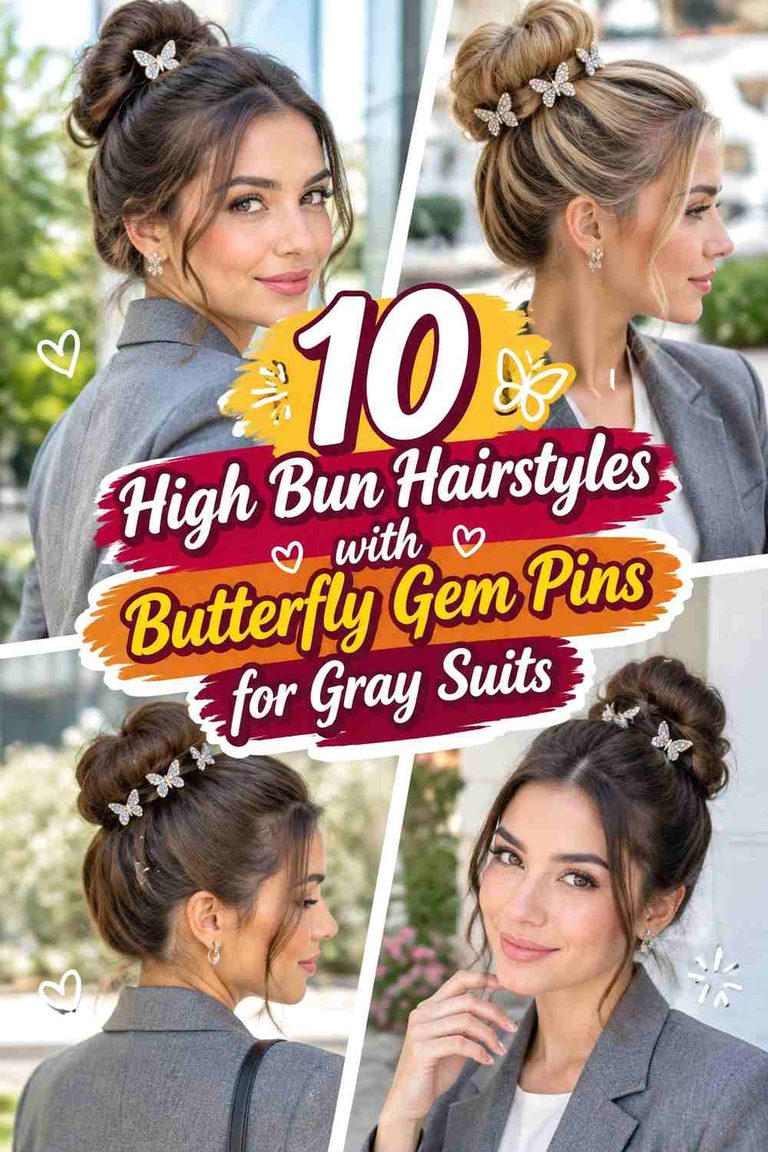 10 High Bun Hairstyles with Butterfly Gem Pins for Gray Suits