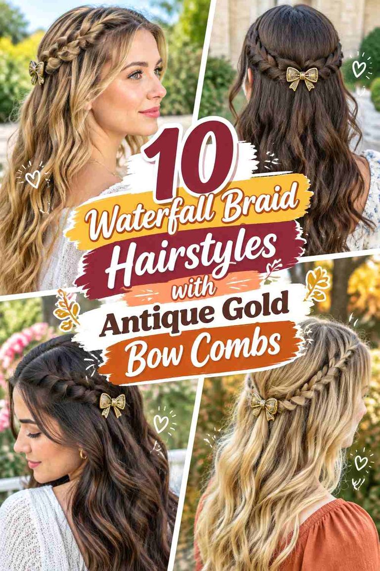 10 Waterfall Braid Hairstyles with Antique Gold Bow Combs