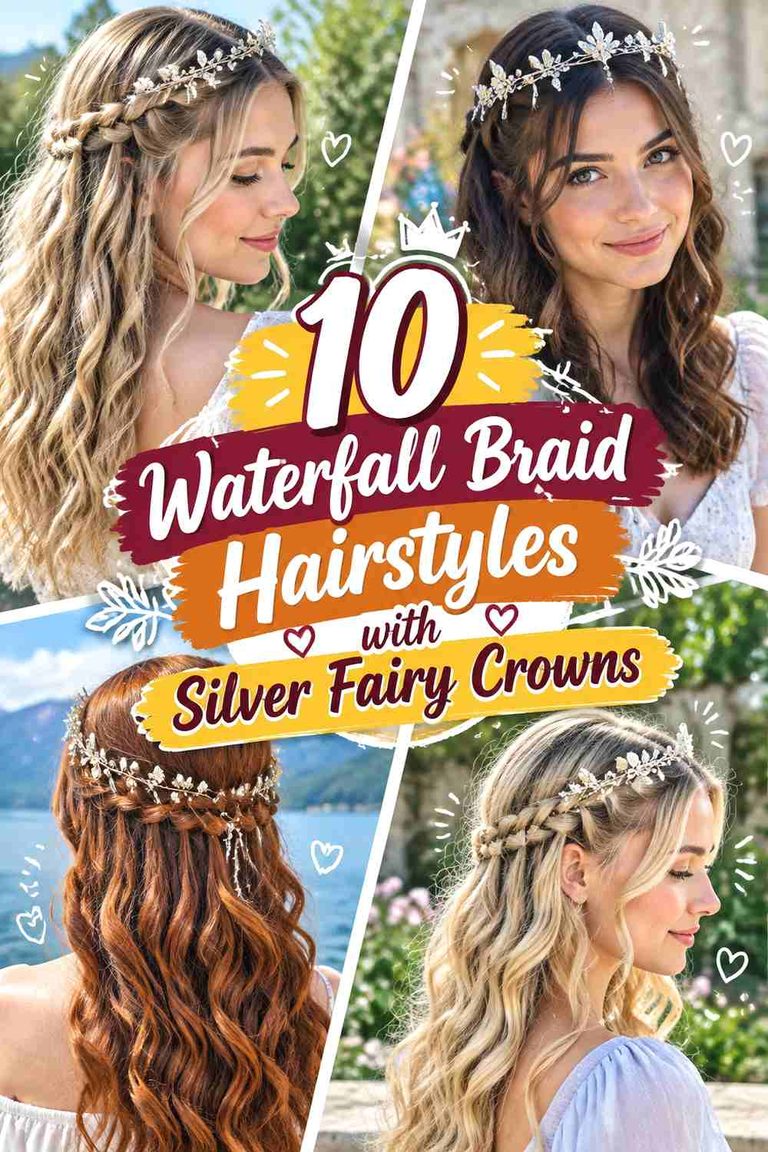 10 Waterfall Braid Hairstyles with Silver Fairy Crowns