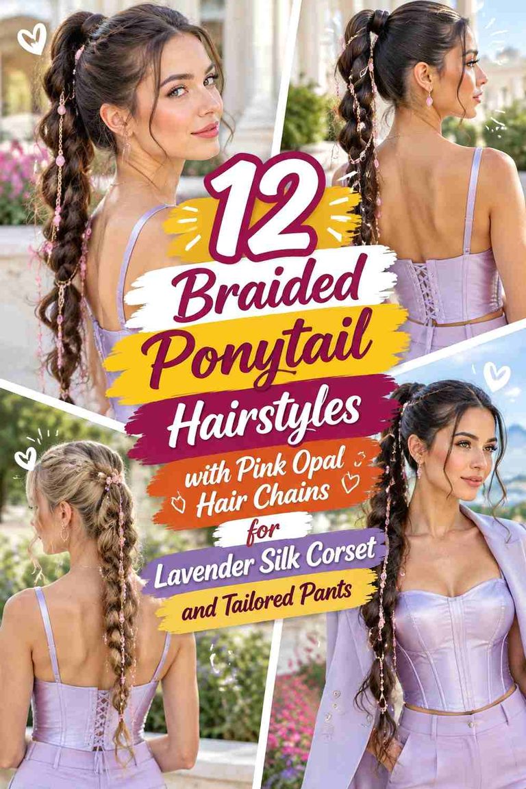 12 Braided Ponytail Hairstyles with Pink Opal Hair Chains for Lavender Silk Corset and Tailored Pants
