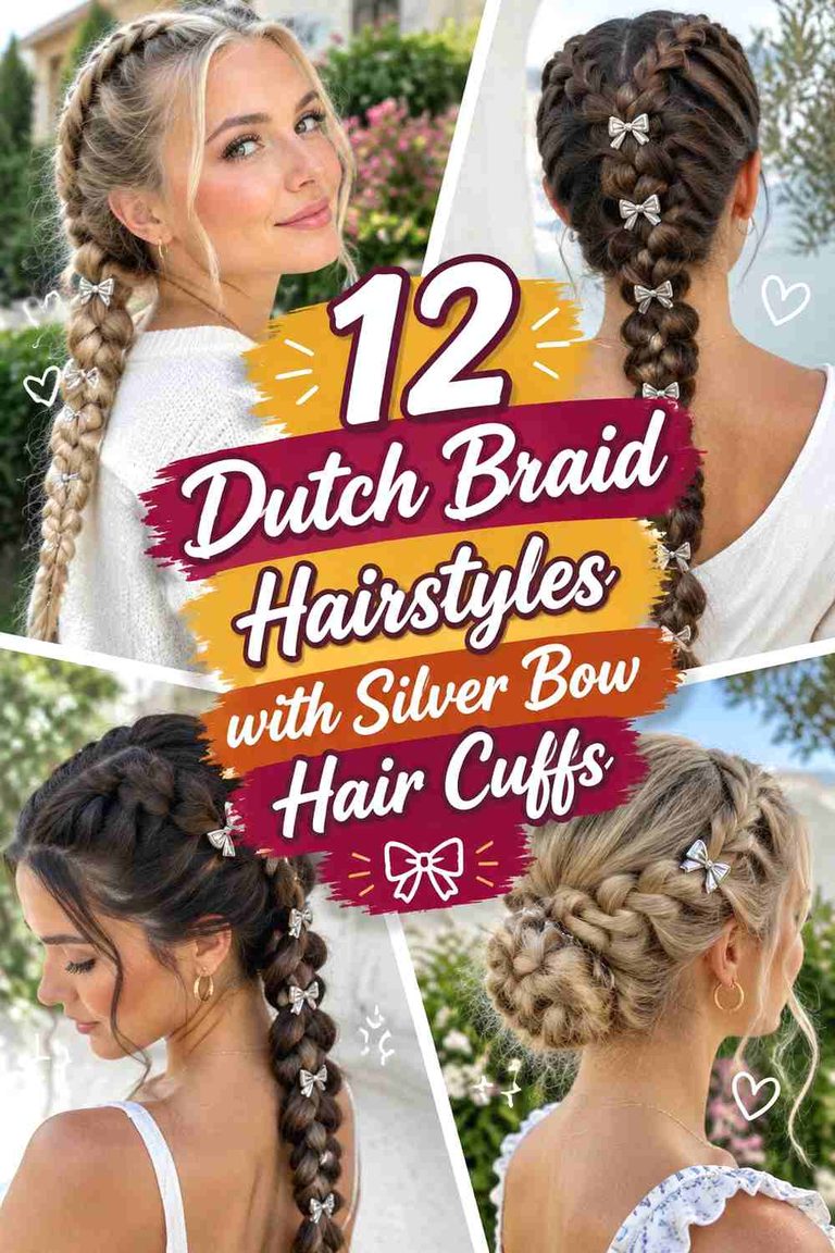 12 Dutch Braid Hairstyles with Silver Bow Hair Cuffs