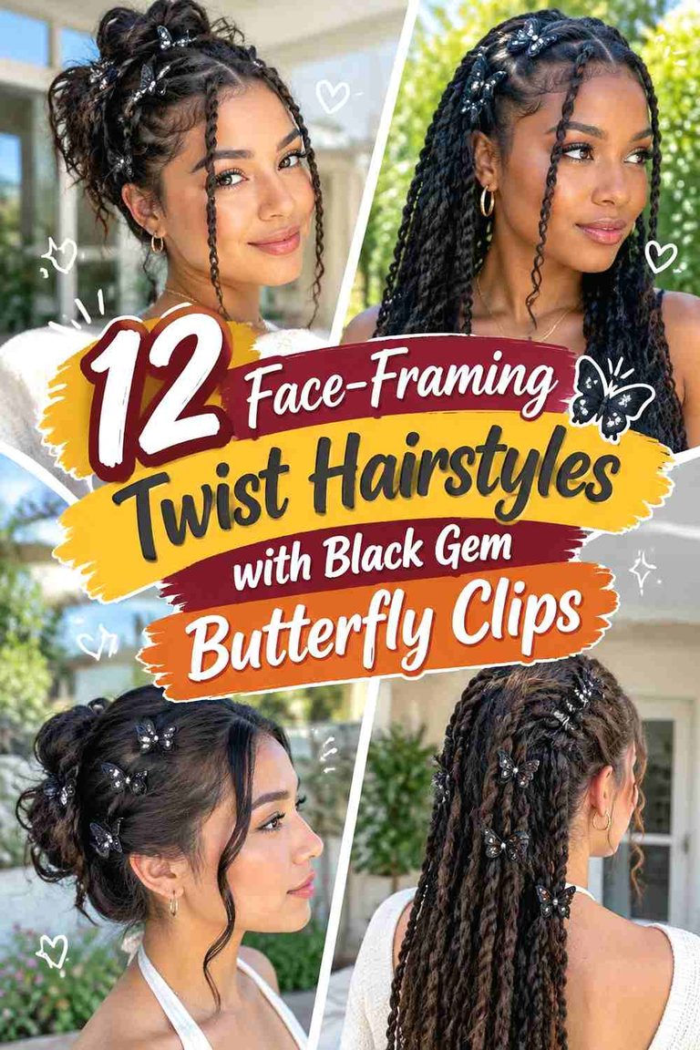 12 Face-Framing Twist Hairstyles with Black Gem Butterfly Clips
