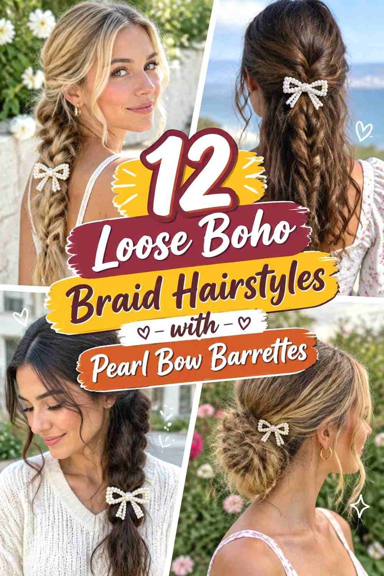 12 Loose Boho Braid Hairstyles with Pearl Bow Barrettes