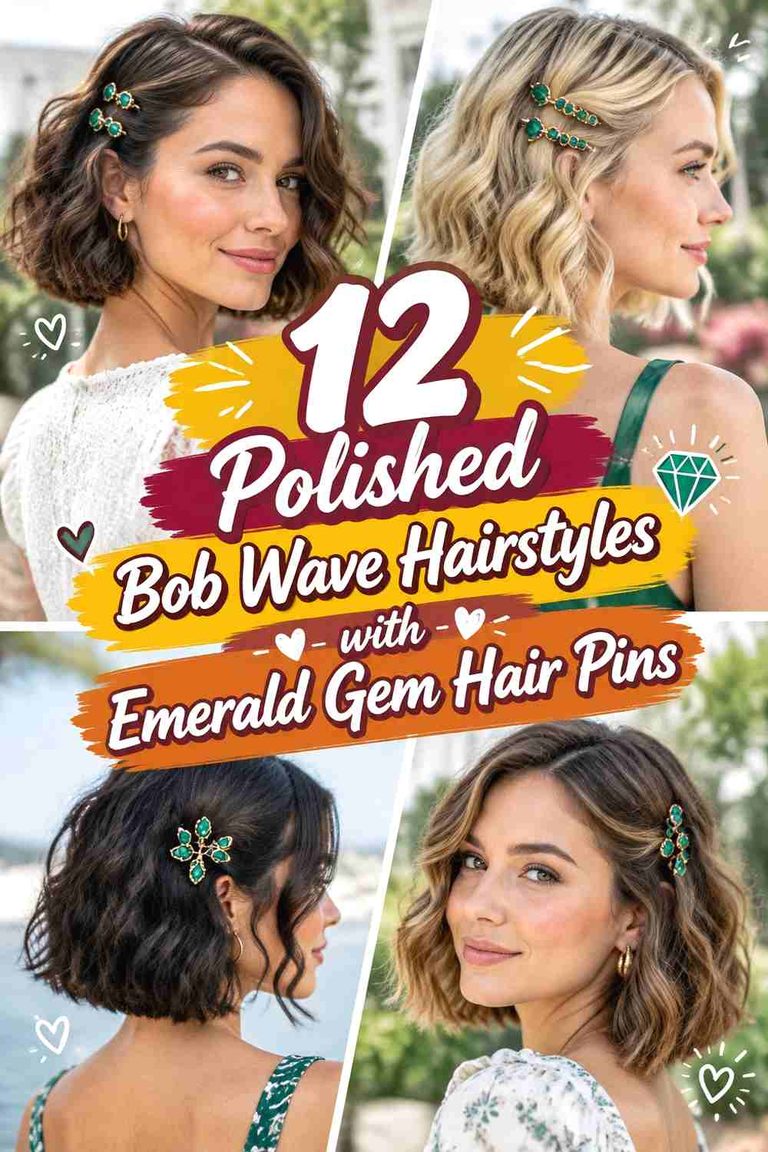 12 Polished Bob Wave Hairstyles with Emerald Gem Hair Pins
