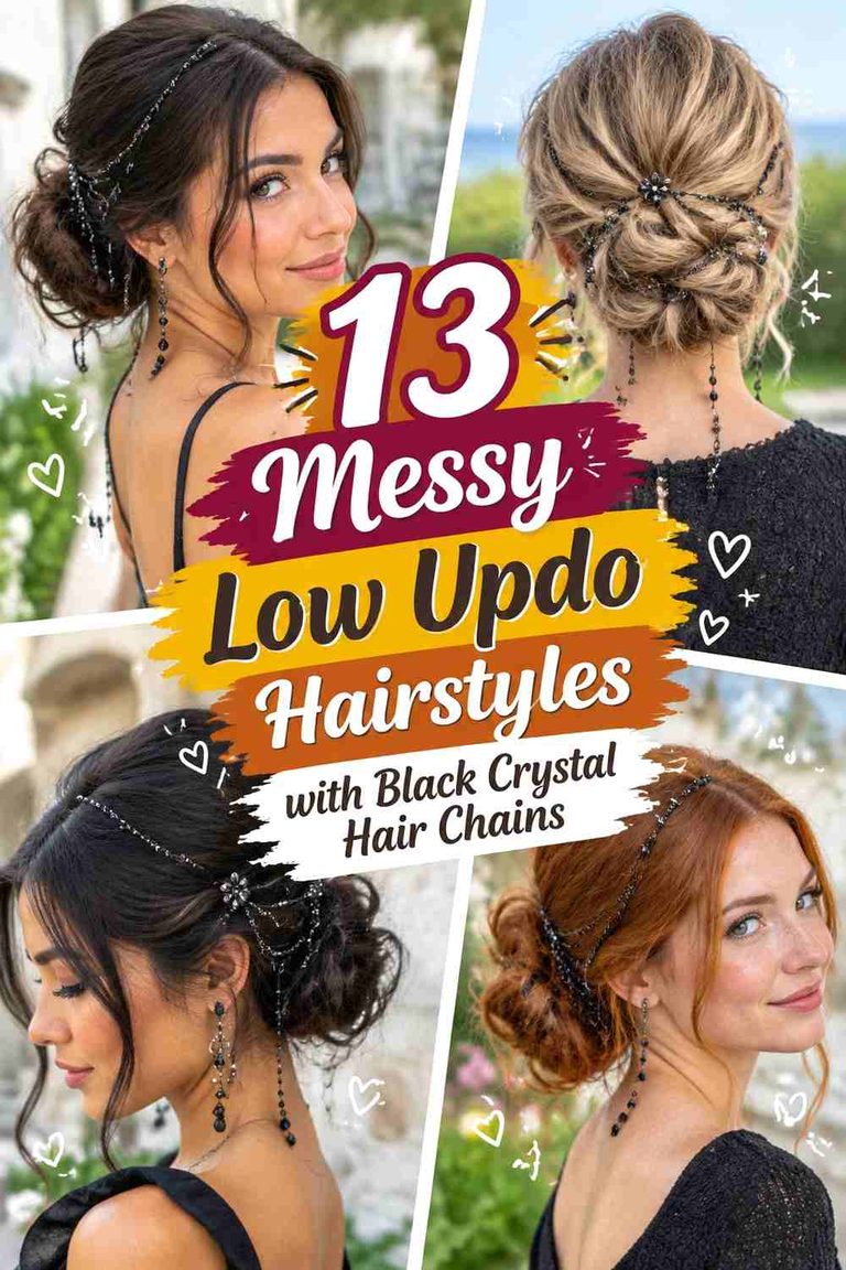 13 Messy Low Updo Hairstyles with Black Crystal Hair Chains