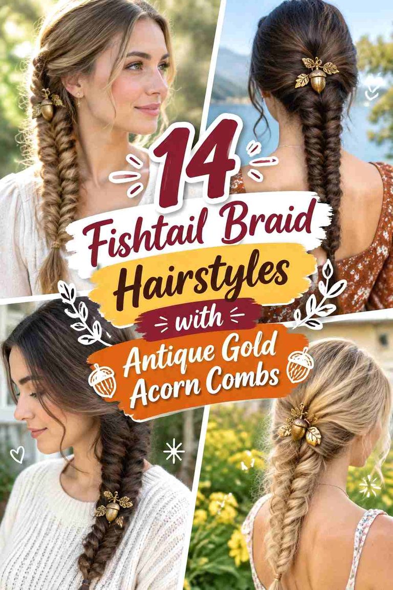 14 Fishtail Braid Hairstyles with Antique Gold Acorn Combs