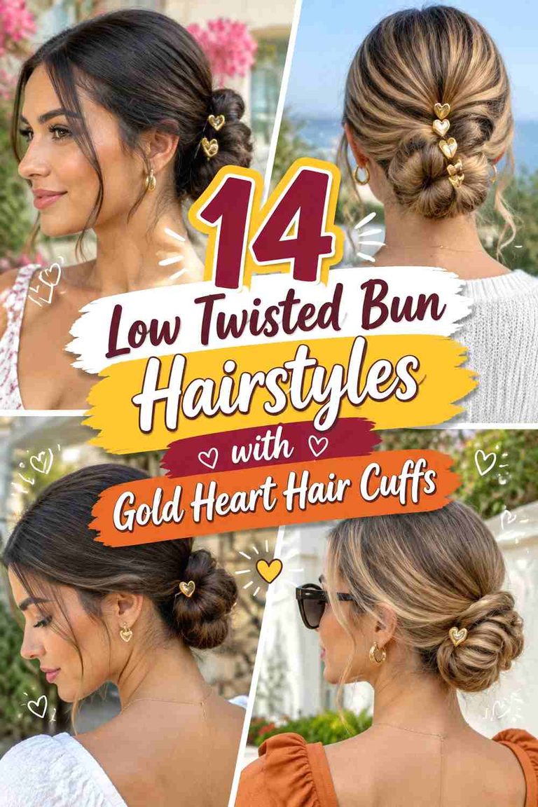 14 Low Twisted Bun Hairstyles with Gold Heart Hair Cuffs