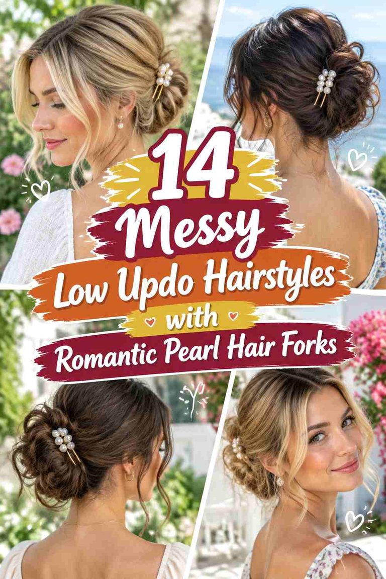 14 Messy Low Updo Hairstyles with Romantic Pearl Hair Forks