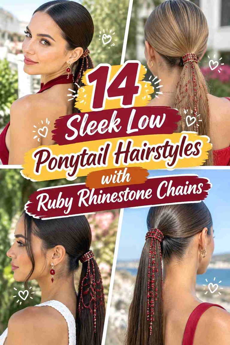 14 Sleek Low Ponytail Hairstyles with Ruby Rhinestone Chains