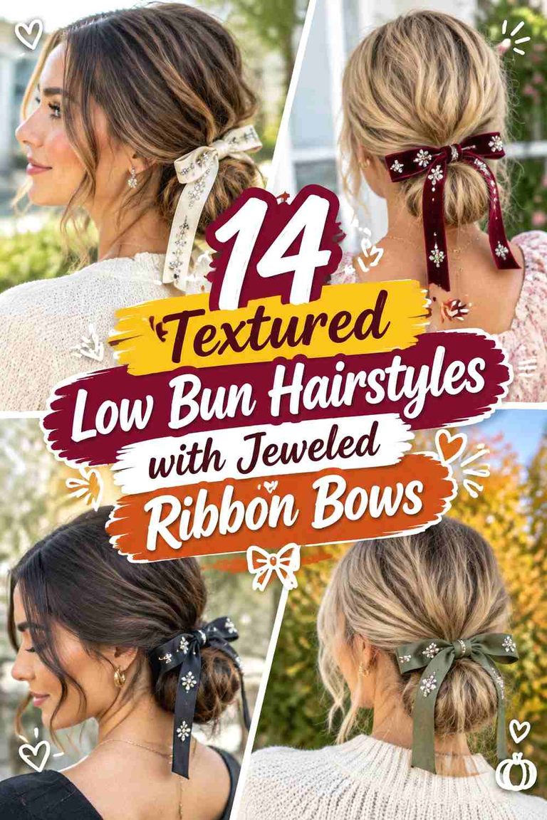 14 Textured Low Bun Hairstyles with Jeweled Ribbon Bows