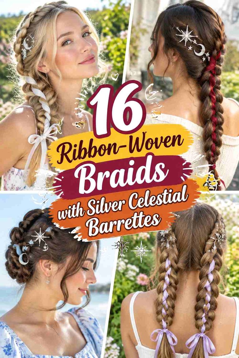 16 Ribbon-Woven Braids with Silver Celestial Barrettes
