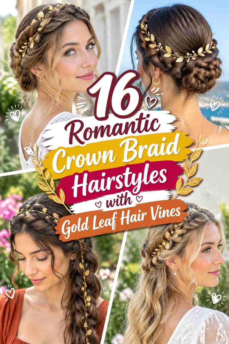 16 Romantic Crown Braid Hairstyles with Gold Leaf Hair Vines