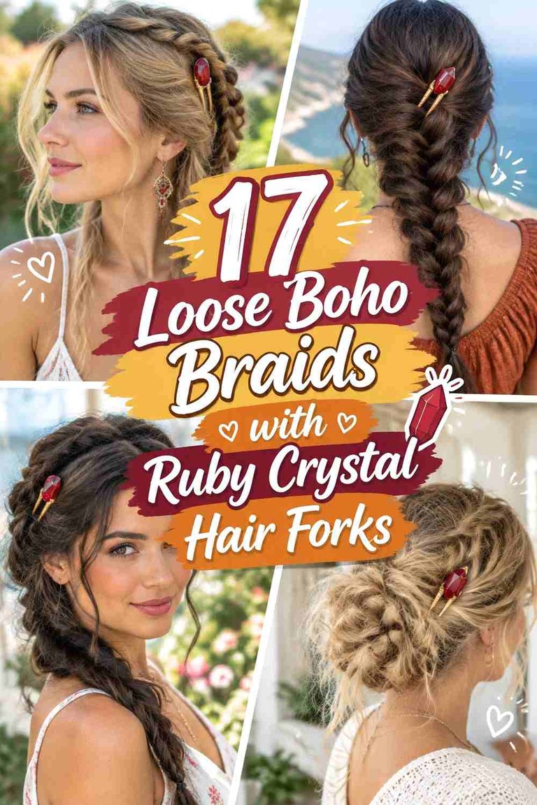 17 Loose Boho Braids with Ruby Crystal Hair Forks