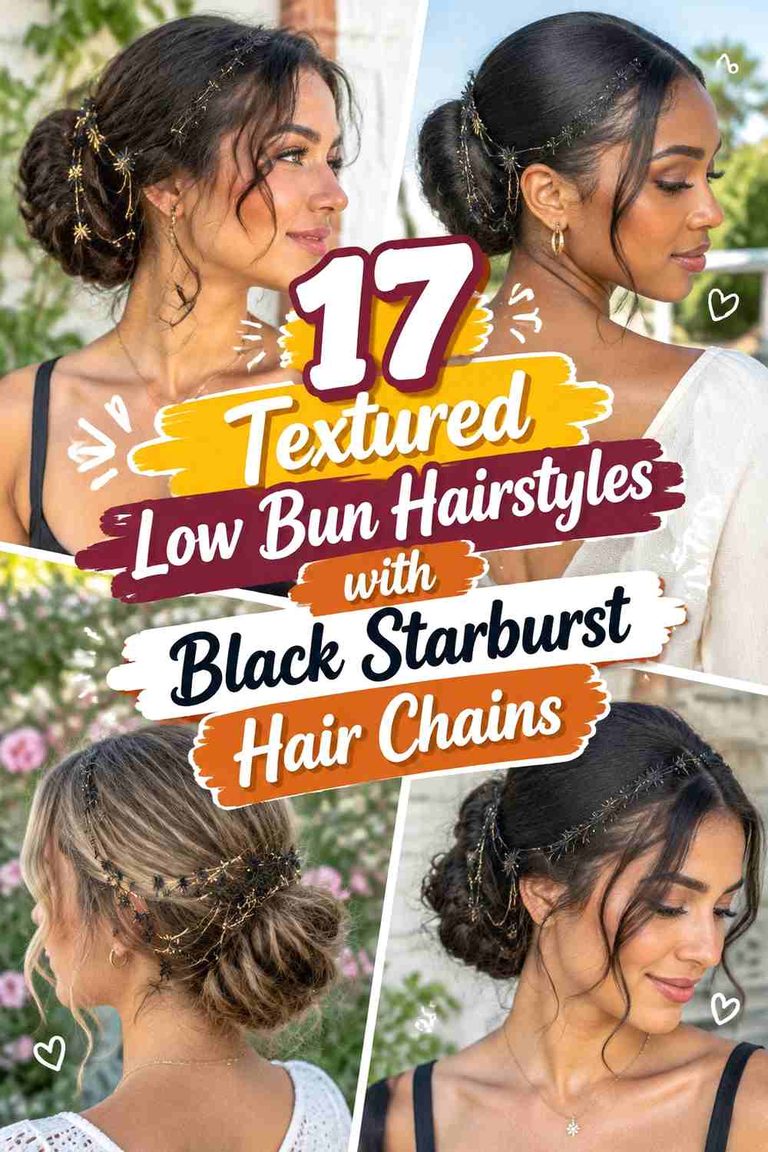 17 Textured Low Bun Hairstyles with Black Starburst Hair Chains