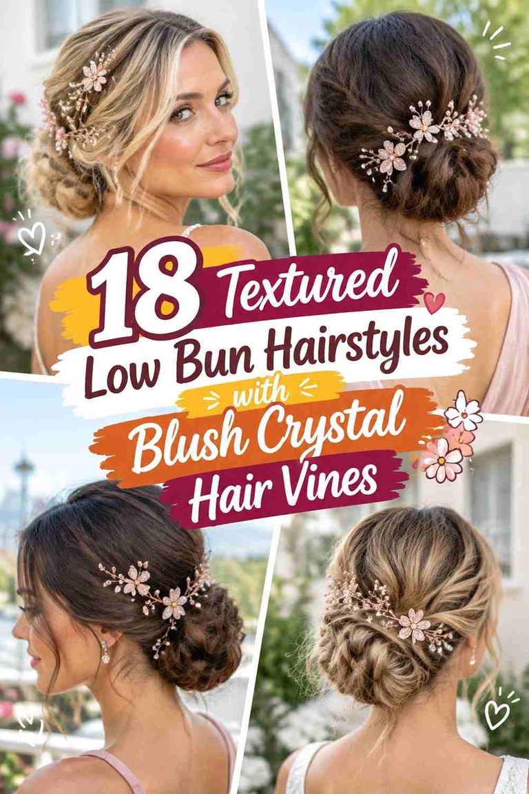 18 Textured Low Bun Hairstyles with Blush Crystal Hair Vines