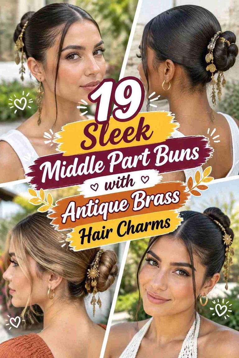19 Sleek Middle Part Buns with Antique Brass Hair Charms