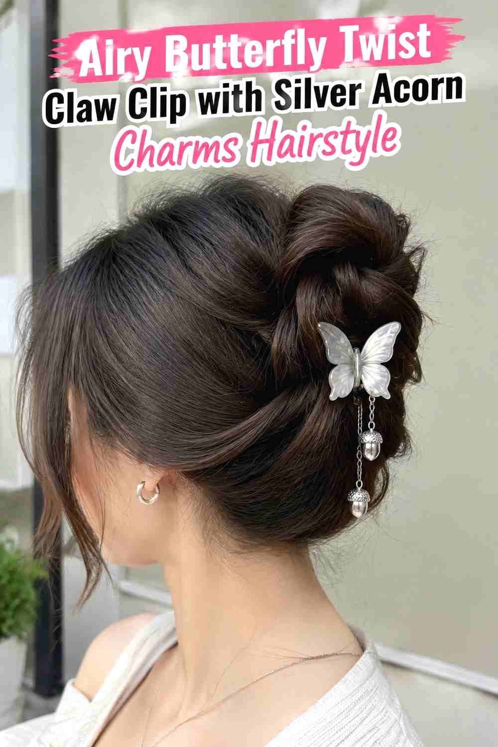 3. Airy Butterfly Twist Claw Clip With Silver Acorn Charms Hairstyle