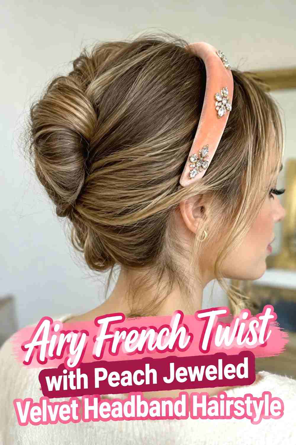 10. Airy French Twist With Peach Jeweled Velvet Headband Hairstyle