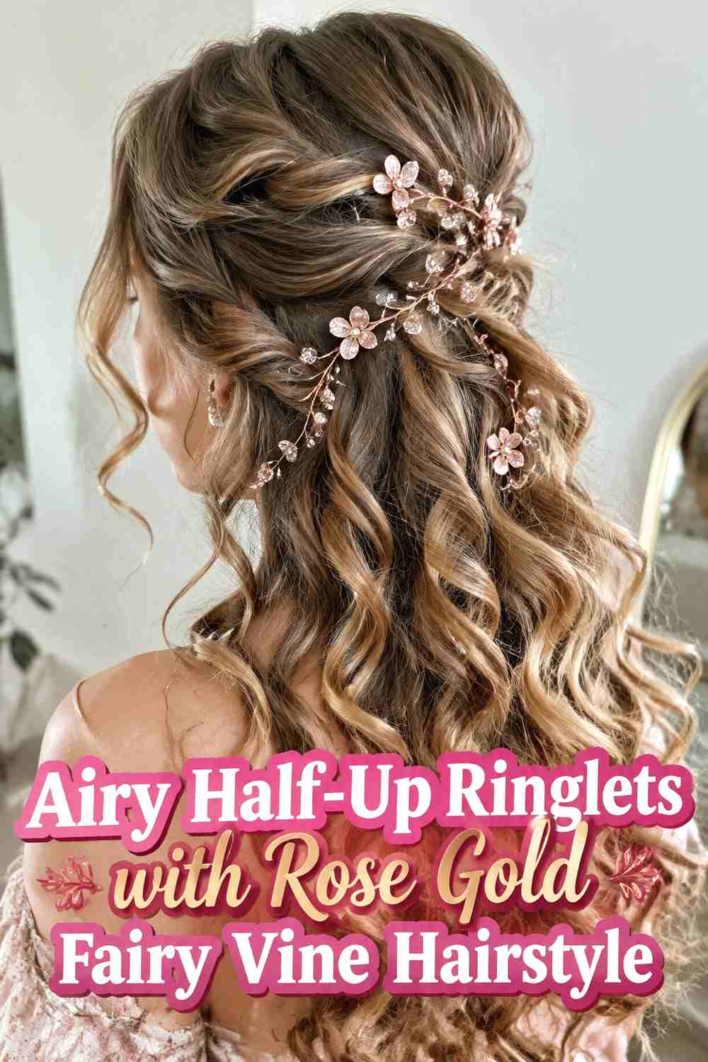 9. Airy Half Up Ringlets With Rose Gold Fairy Vine Hairstyle
