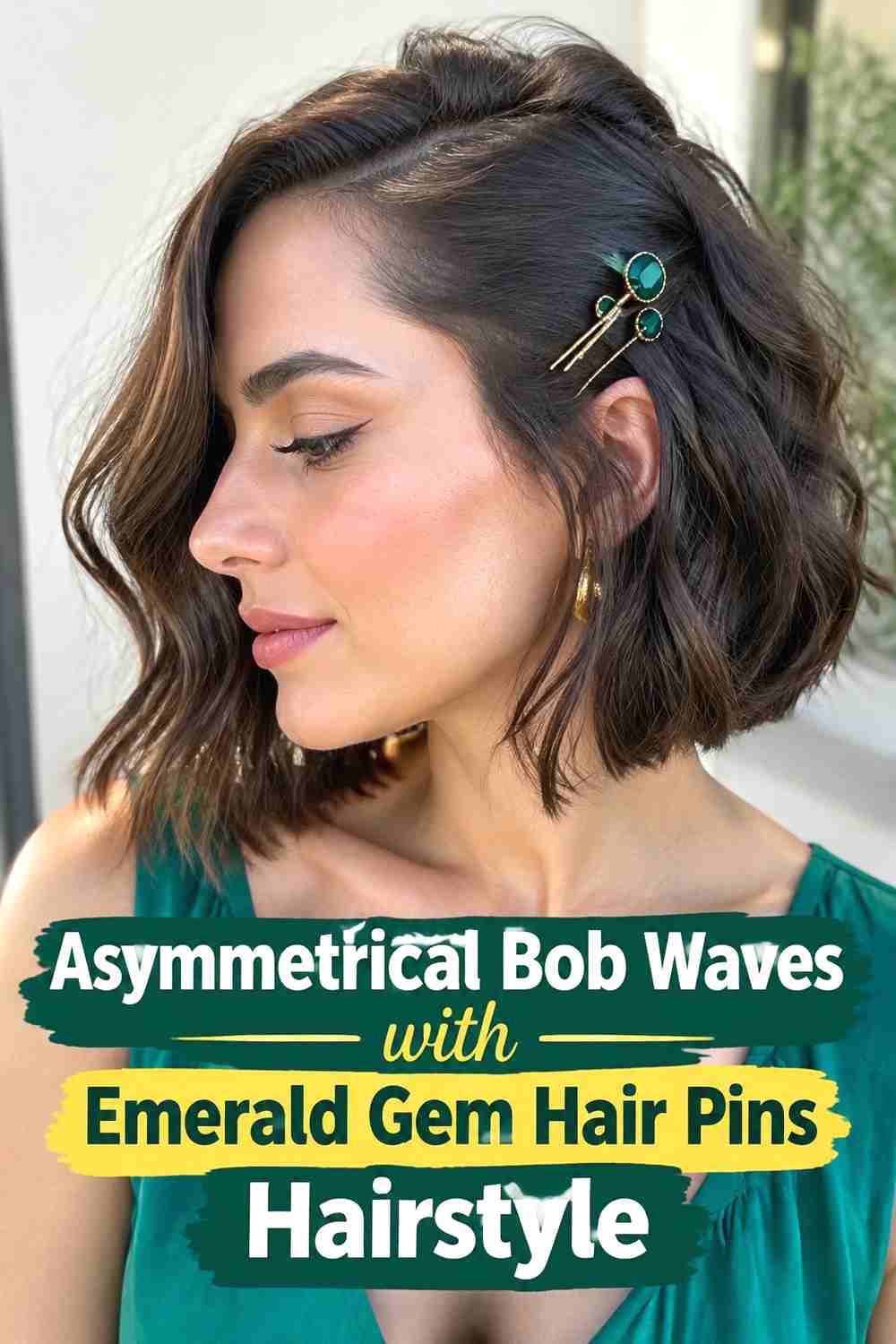 11. Asymmetrical Bob Waves With Emerald Gem Hair Pins Hairstyle