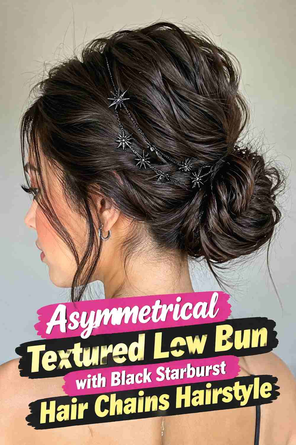 12. Asymmetrical Textured Low Bun With Black Starburst Hair Chains Hairstyle