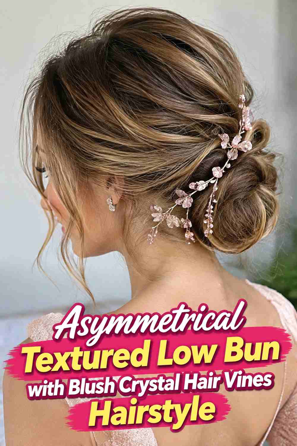 13. Asymmetrical Textured Low Bun With Blush Crystal Hair Vines Hairstyle