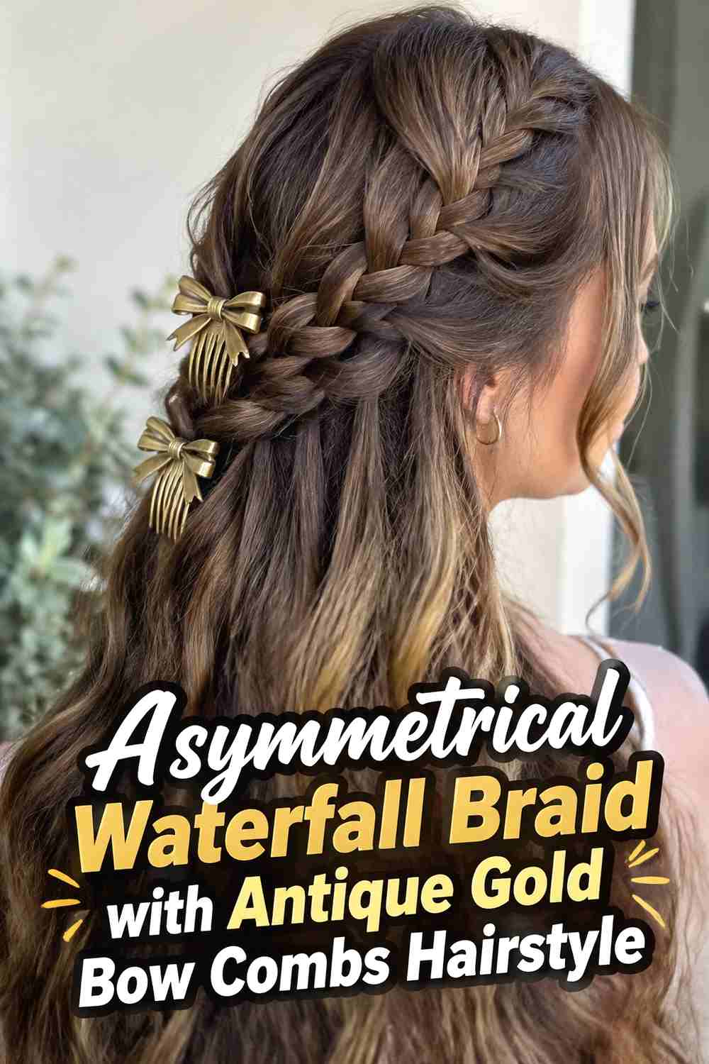 9. Asymmetrical Waterfall Braid With Antique Gold Bow Combs Hairstyle