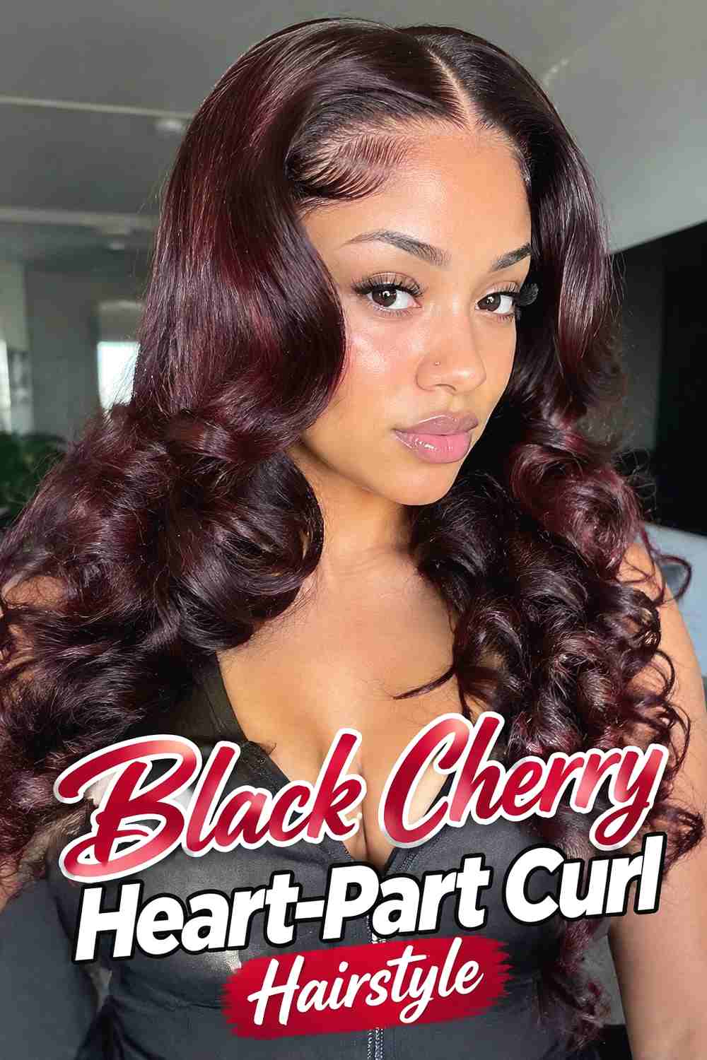 11. Black Cherry Heart Part Curl Hairstyle