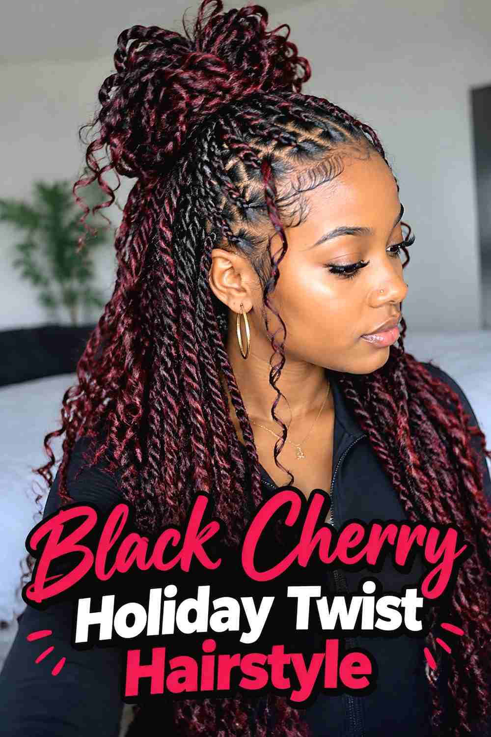 16. Black Cherry Holiday Twist Hairstyle