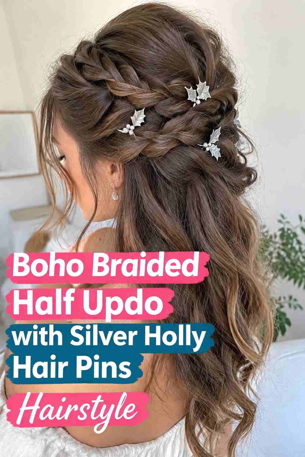 11. Boho Braided Half Updo With Silver Holly Hair Pins Hairstyle
