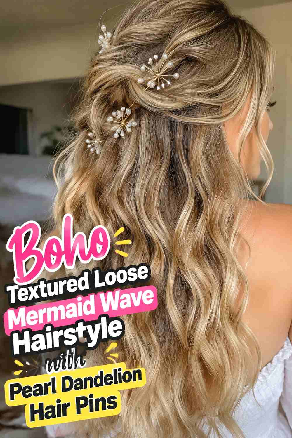 15. Boho Textured Loose Mermaid Wave Hairstyle With Pearl Dandelion Hair Pins