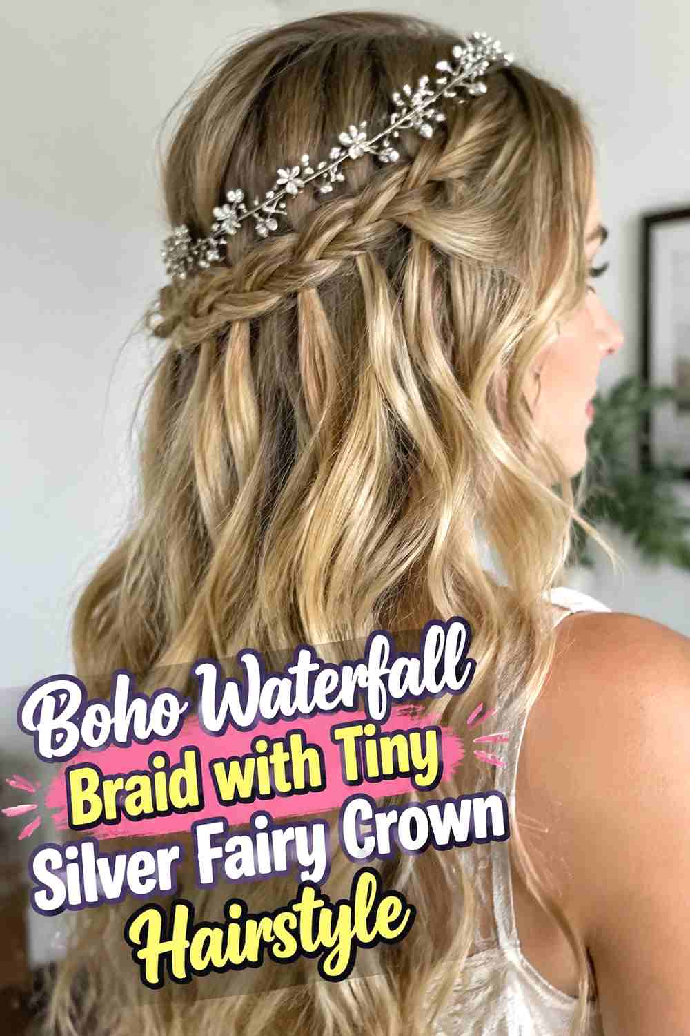 7. Boho Waterfall Braid With Tiny Silver Fairy Crown Hairstyle
