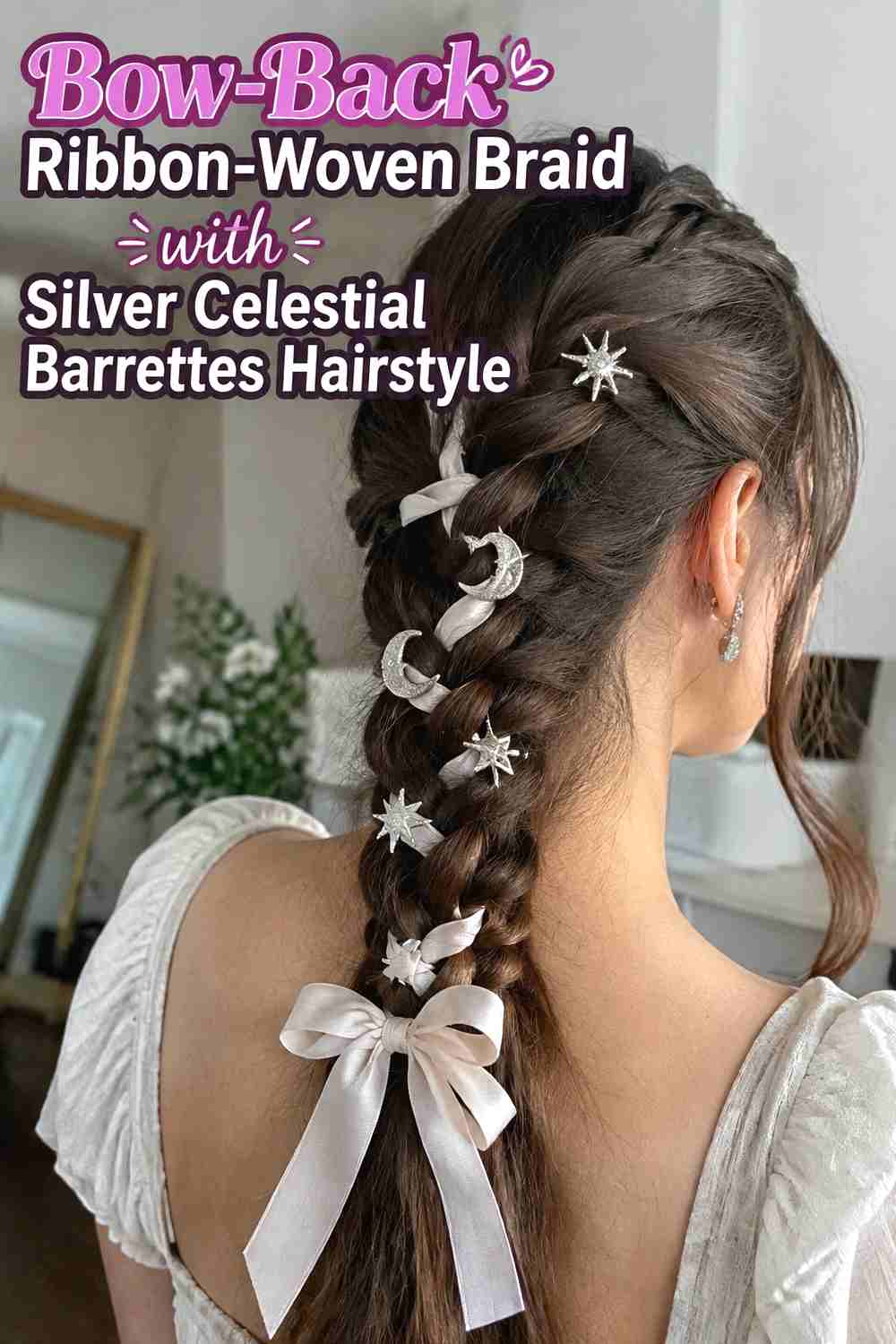 16. Bow Back Ribbon Woven Braid With Silver Celestial Barrettes Hairstyle
