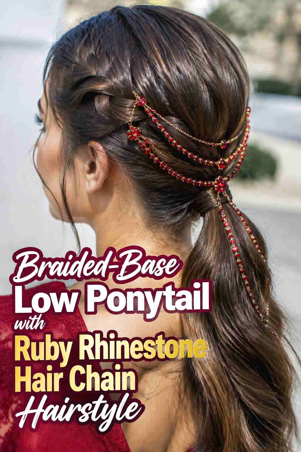 6. Braided Base Low Ponytail With Ruby Rhinestone Hair Chain Hairstyle