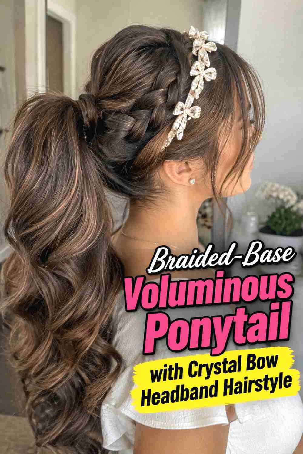 10. Braided Base Voluminous Ponytail With Crystal Bow Headband Hairstyle