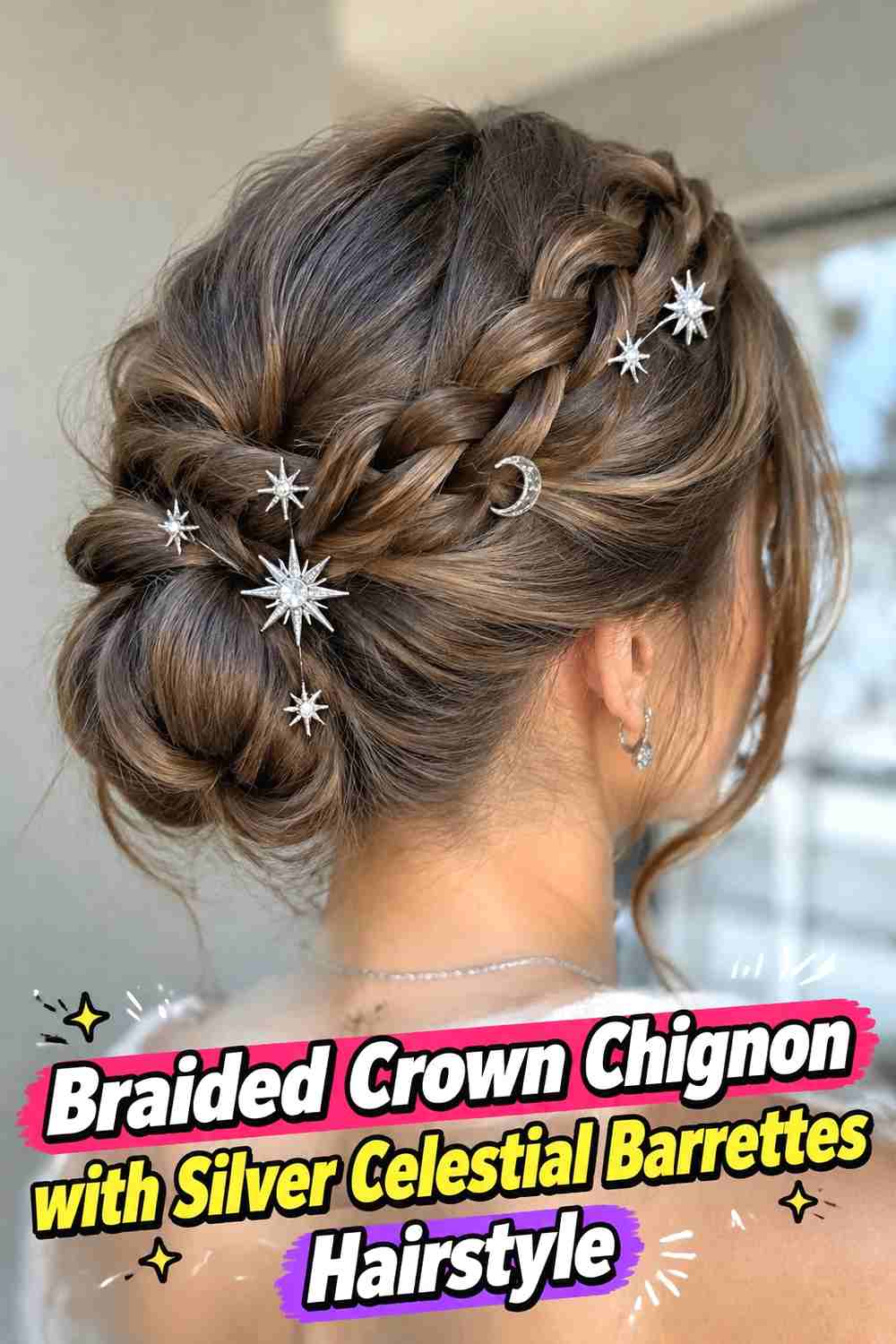 9. Braided Crown Chignon With Silver Celestial Barrettes Hairstyle