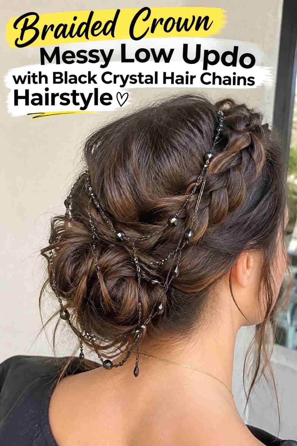 4. Braided Crown Messy Low Updo With Black Crystal Hair Chains Hairstyle