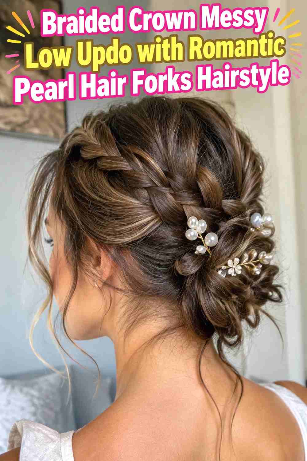 4. Braided Crown Messy Low Updo With Romantic Pearl Hair Forks Hairstyle