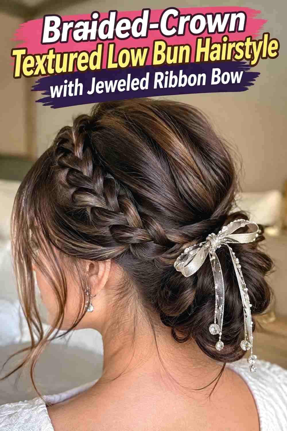 7. Braided Crown Textured Low Bun Hairstyle With Jeweled Ribbon Bow