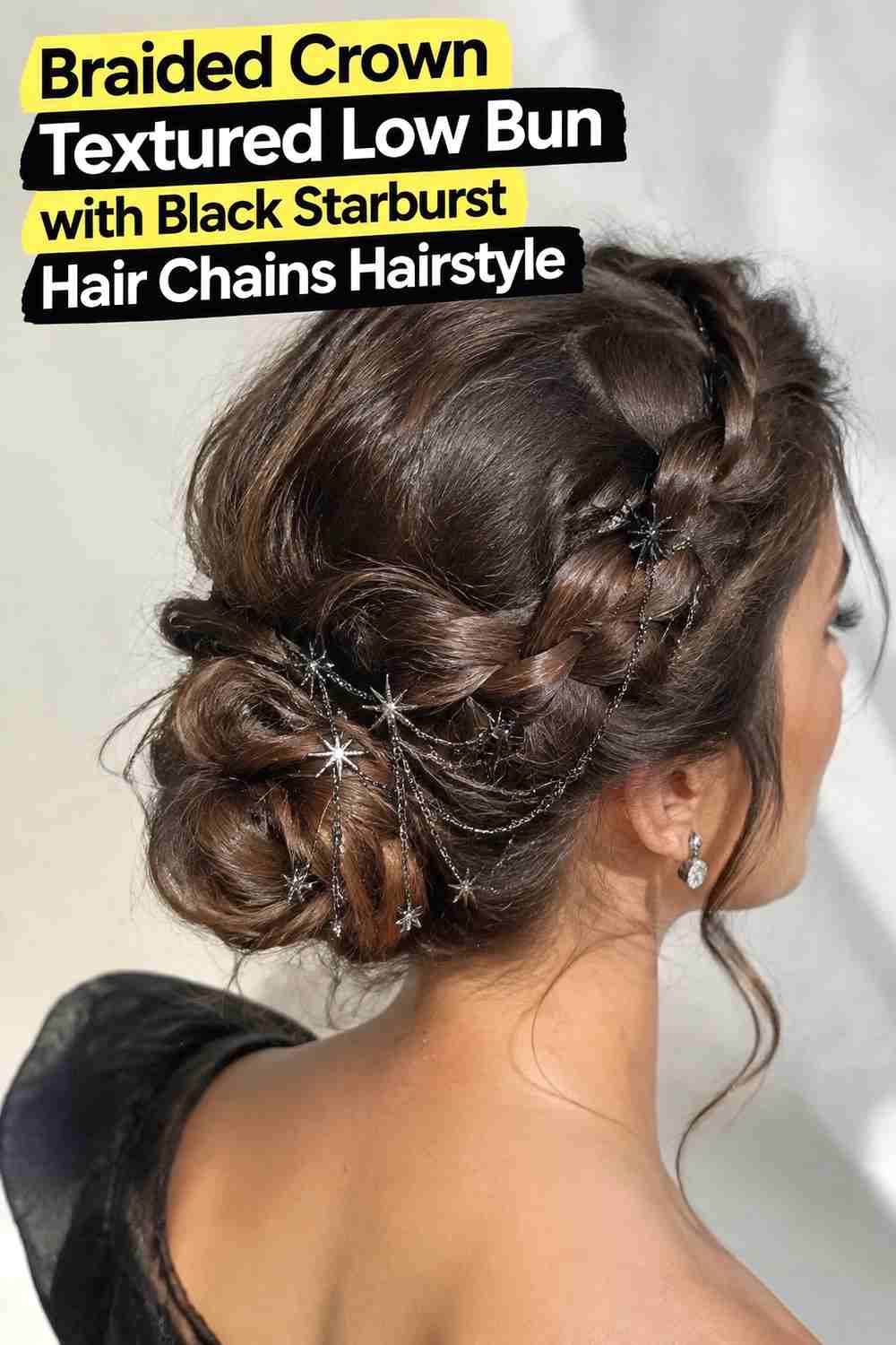 4. Braided Crown Textured Low Bun With Black Starburst Hair Chains Hairstyle