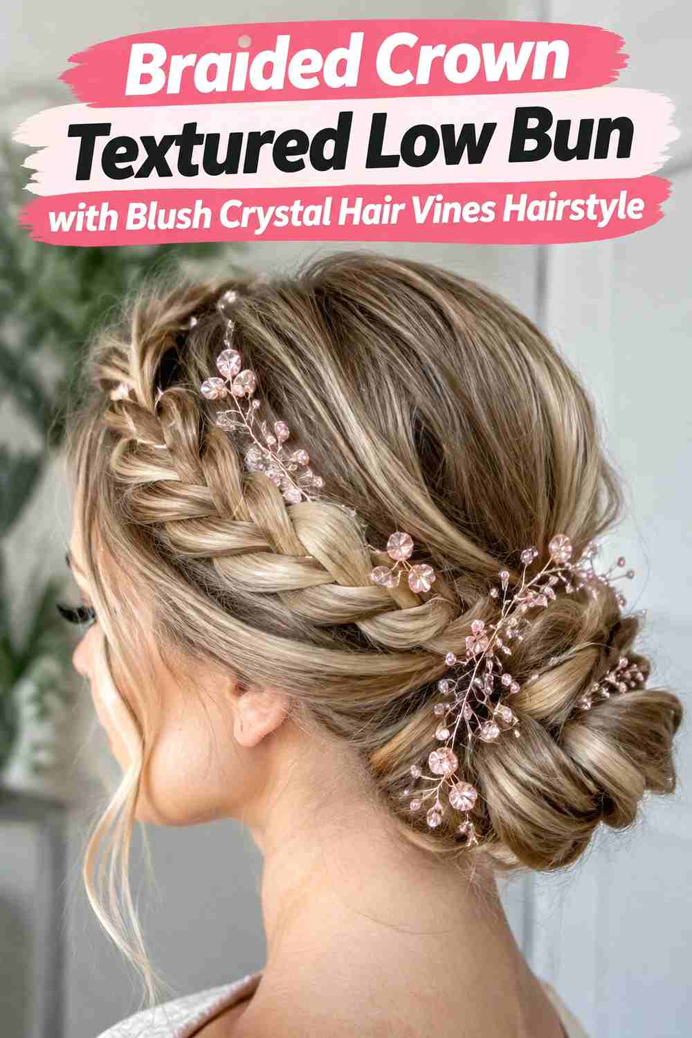 4. Braided Crown Textured Low Bun With Blush Crystal Hair Vines Hairstyle