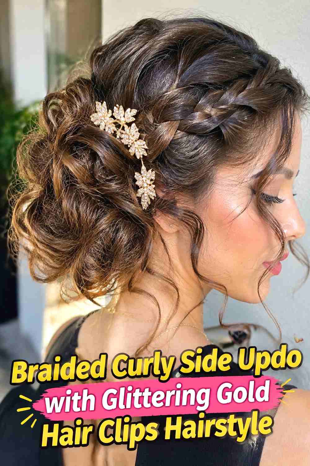 5. Braided Curly Side Updo With Glittering Gold Hair Clips Hairstyle