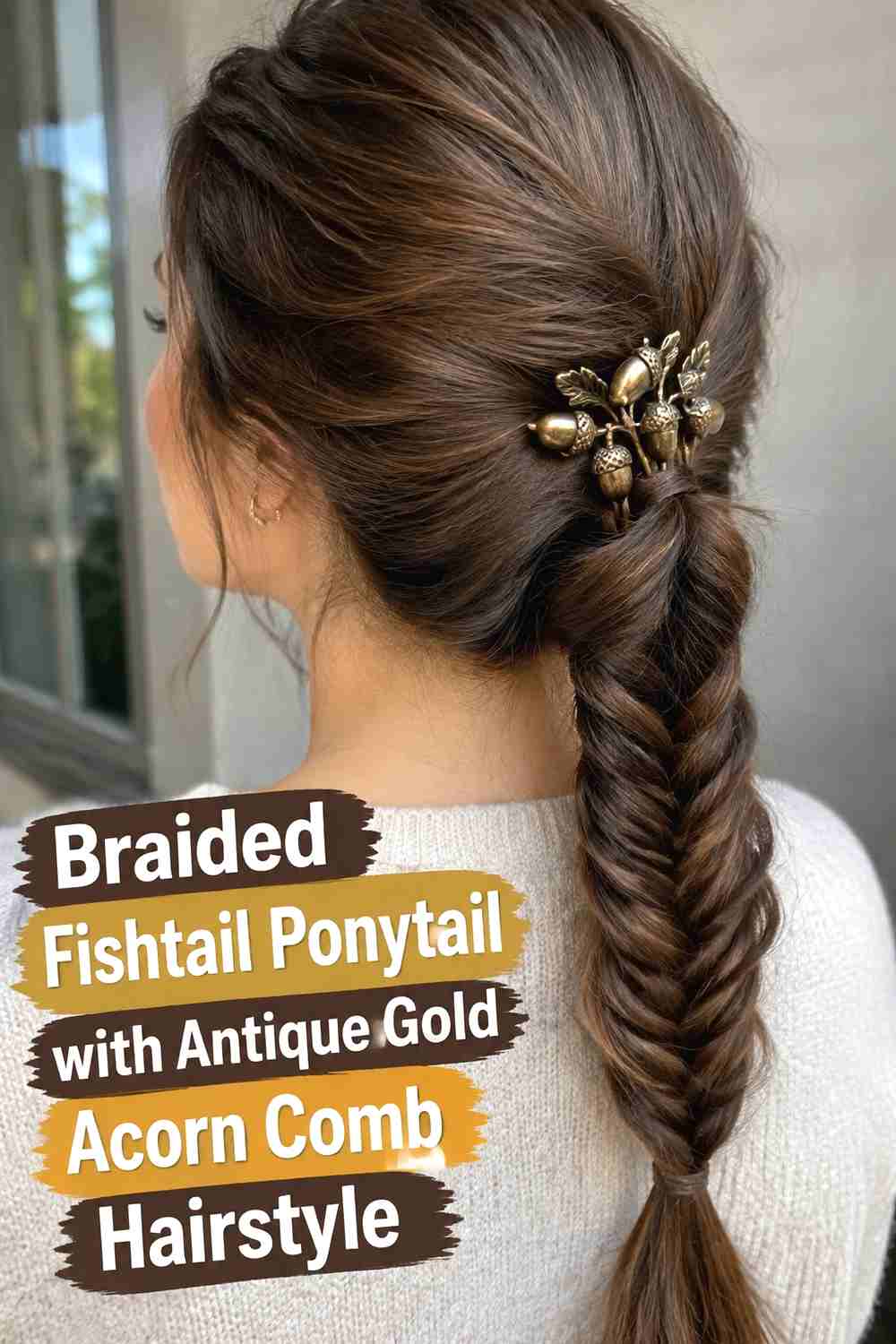 13. Braided Fishtail Ponytail With Antique Gold Acorn Comb Hairstyle