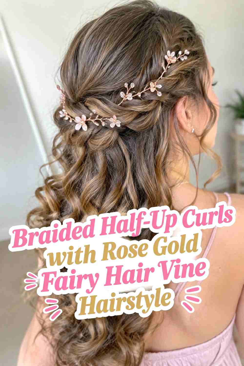 8. Braided Half Up Curls With Rose Gold Fairy Hair Vine Hairstyle