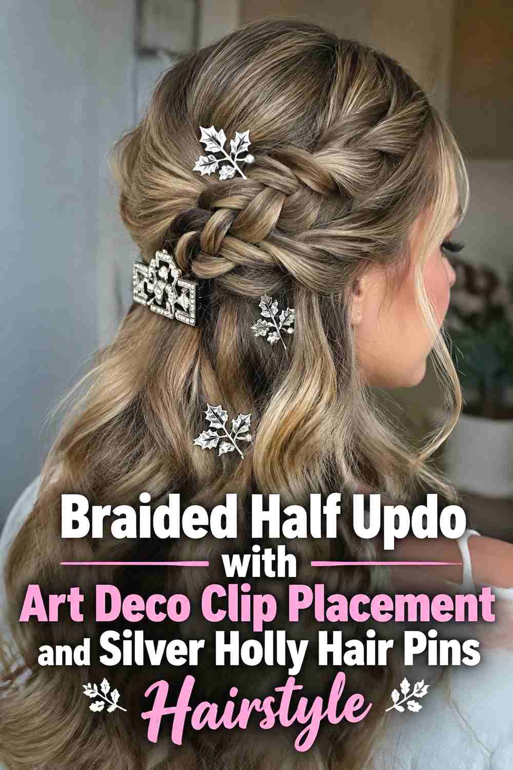 7. Braided Half Updo With Art Deco Clip Placement And Silver Holly Hair Pins Hairstyle