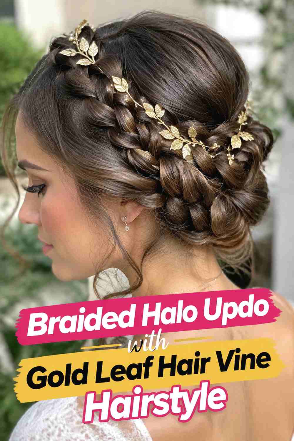 10. Braided Halo Updo With Gold Leaf Hair Vine Hairstyle