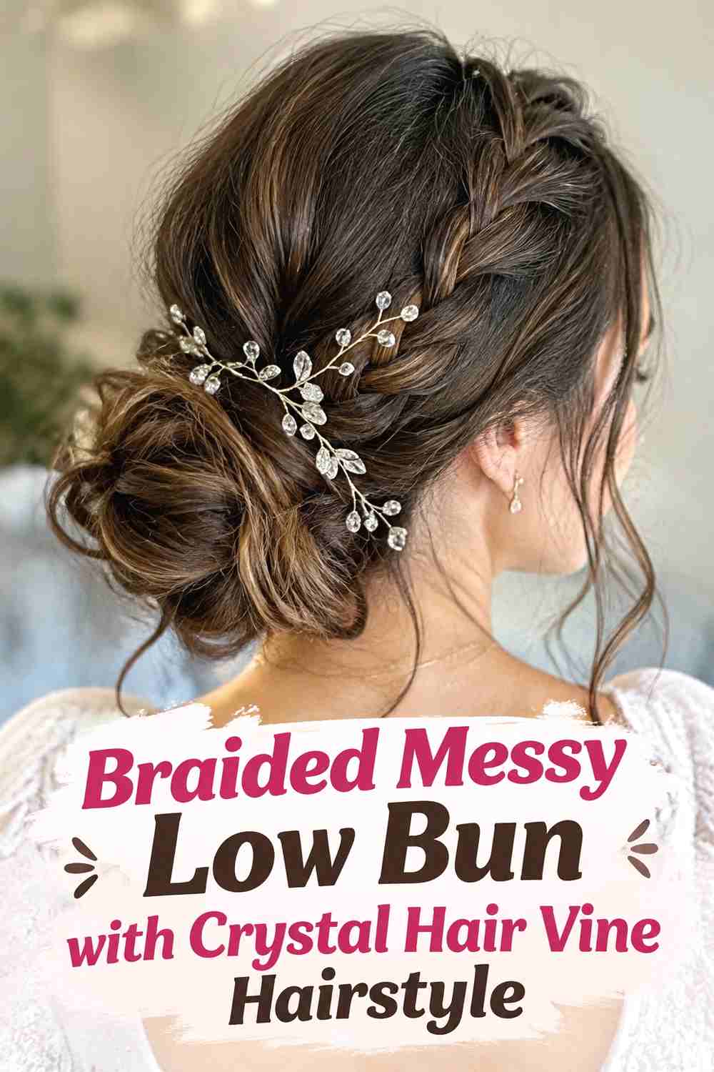 3. Braided Messy Low Bun With Crystal Hair Vine Hairstyle